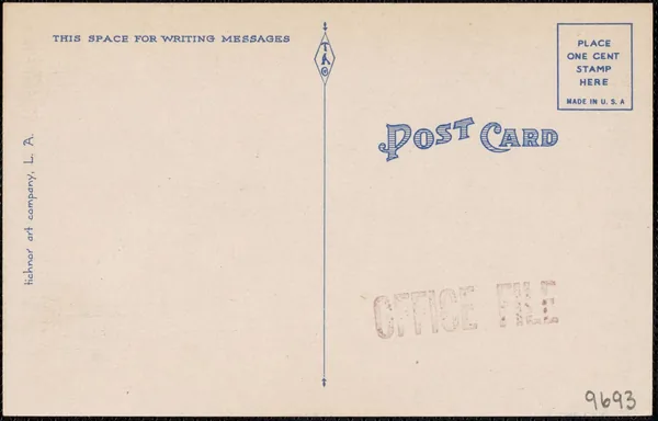 Reverse of a Tichnor linen postcard: printed caption text on a plain ground, with a faded rubber stamp and handwriting