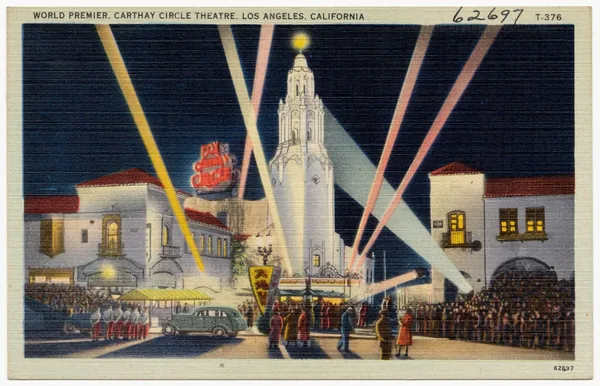 Linen postcard of a world premiere at the Carthay Circle Theatre, with the caption reversed out of a dark night sky over a textured ground