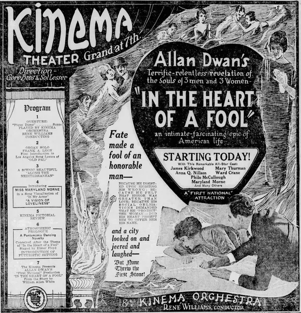 Newspaper display advertisement for the Kinema Theater, with hand-lettered headlines and body text set around a large illustration
